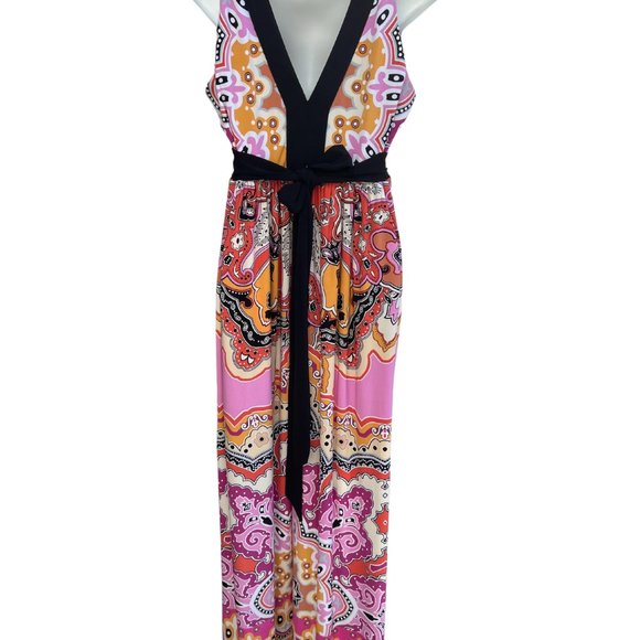 Eci New York Sleeveless V-Neck Floral Print Maxi Dress Pink/Black Multi Size 6 - Picture 5 of 10